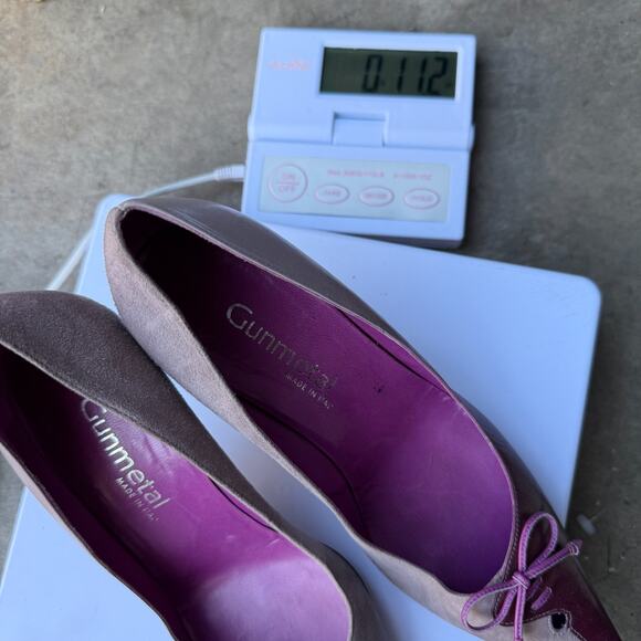 Y2K Gunmetal Italy Heels Size 6.5 EU 37 Pink Purple‎ Kitten Bow Pointed Toe - Picture 9 of 10